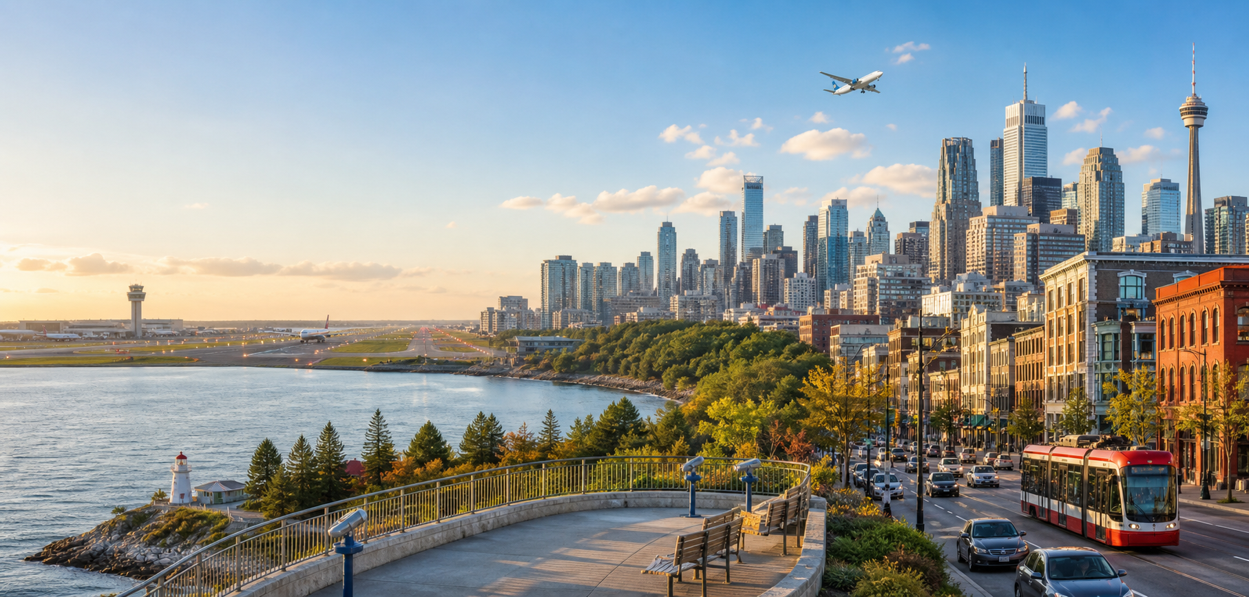 Travel destination skyline with airport, downtown, and waterfront views